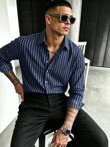 WAIT HIM Men's Casual Striped Long Sleeve Shirt, Polyester Blend - Navy Blue - View 3