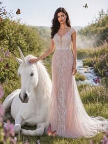 HEARBOBO Elegant Bohemian Deep V-Neck Cap Sleeve Backless Long Wedding Dress, Exquisite Embroidery Sequin Decor, Vintage Romantic Bridal Gown Fall - Apricot - View 5