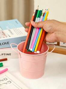 1pc Dual‑Handle Bucket‑Shaped Desktop Pen Holder, Dopamine Color Multi‑Purpose Mini Succulent Plant Pot, Neutral Modern Decor Storage Organizer, For Home Office Dorm Study, Back To School Daily Desk Supplies - Multicolor - View 4