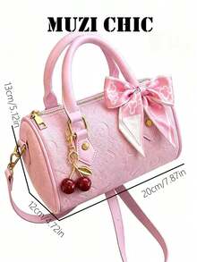Geometric Embossed Design Body Bag With Silk Scarf And Cherry Charm, Handheld, Shoulder, Crossbody, Zipper Closure, Lightweight Luxury Vintage Style Boston Bag For Commuting, Dating, Travel, Gathering, Shopping - Pink - View 2