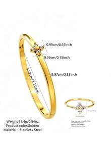 2pcs Fashion Elegant Style Clover Element Glass Decor Stainless Steel Women's Jewelry Set Suitable For Women's Daily Wear/Party/Evening Wear/Holiday Gift - Yellow Gold - View 2