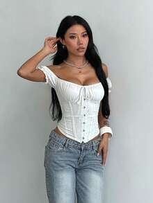 Summer White Top,Elegant Women's Top,For Outings,Back-To-School Season,Spice Girls Style,Daily Wear,Fall,Basic,Back To School,Concert Outfit Women,Y2k - White - View 2