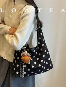 Low Tea 1pc Contrast Color Suede Velvet Portable Magnetic Closure Women's Tote Bag Hobo All-Over Polka Dot Pattern Top Handle Shoulder Wallet And Handbag For Travel, Shopping, Dating, Women's Gift, Work, Business, Commuting (Sold With Pendant) - Black - View 2