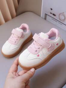 1 Pair Light Pink Heart Pattern Girls' Sneakers, Soft Sole Anti-Slip Wear-Resistant, Hook And Loop Closure Easy On/Off, Breathable Comfortable Versatile For Daily Wear - Beige - View 5