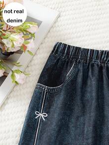 Girls' Casual Fashion Bow Print Elastic Waist Straight Leg Pants, Versatile For Daily Wear And Outings, Spring/Autumn - Dark Wash - View 5