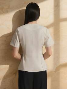 現代菲律賓風女款學院風短袖襯衫 教師上衣 優雅正式襯衫 - 淺灰色 - 查看 3