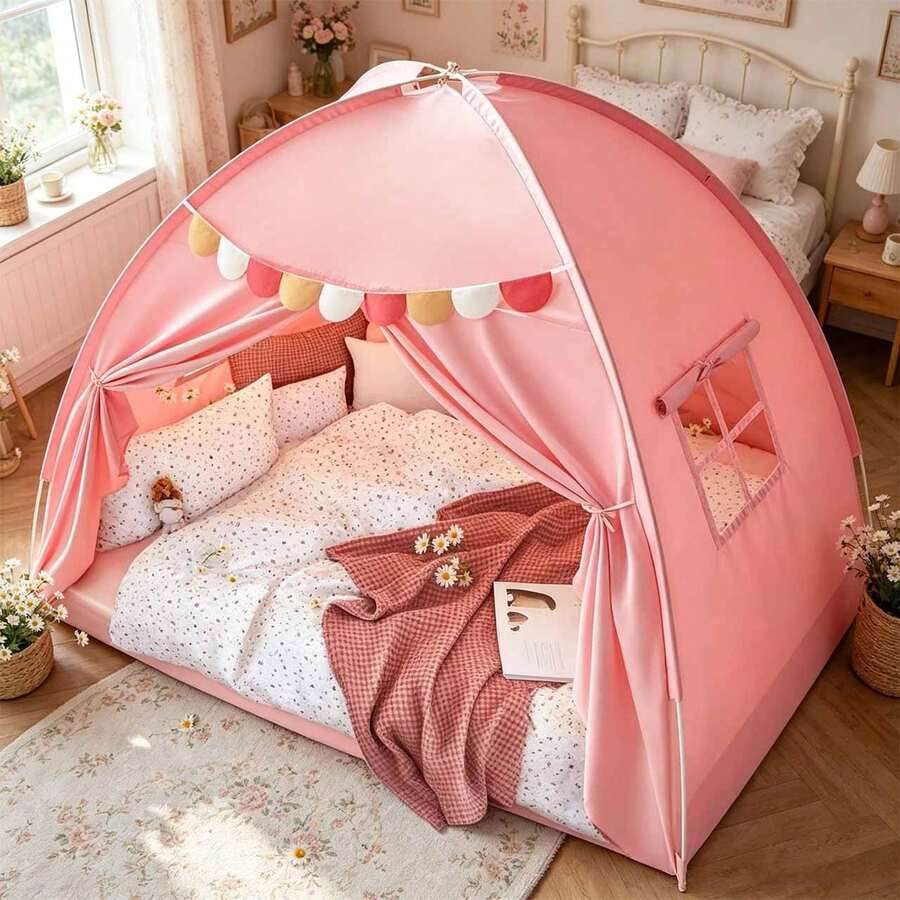 Abulun Single Bed Tent, Sensory Breathable Private Space Windproof Indoor Sleeping Tent - Pink - View 1