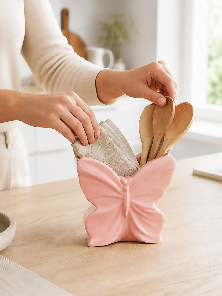 1pc Butterfly Resin Utensil And Napkin Holder, Multifunctional Tabletop Organizer For Cutlery, Wooden Spoons And Linen Napkins, Cute Kitchen Counter Decor - Multicolor - View 1