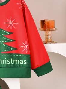 Vihyde Young Girls Christmas New Arrival 2 Pieces Outfit, Christmas Tree & Snowflake Print Long Sleeve Top & Star Sequin Tulle Ruffle Skirt Set - Red - View 5