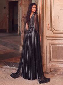 Premium Luxury Rhinestone Embellished Deep V-Neck Extra Long Sleeve Formal Gown & Evening Dress & Embellished Dress - Black - View 3