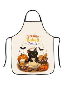 1pc Halloween Baking Theme Apron, 55x68cm Large Size Black Border Kitchen Decor, Printed With Cute Cat And Pumpkin Pattern Autumn Holiday Table Party Accessory, Suitable For Cooking In Autumn And Winter - Multicolor 1 - View 2