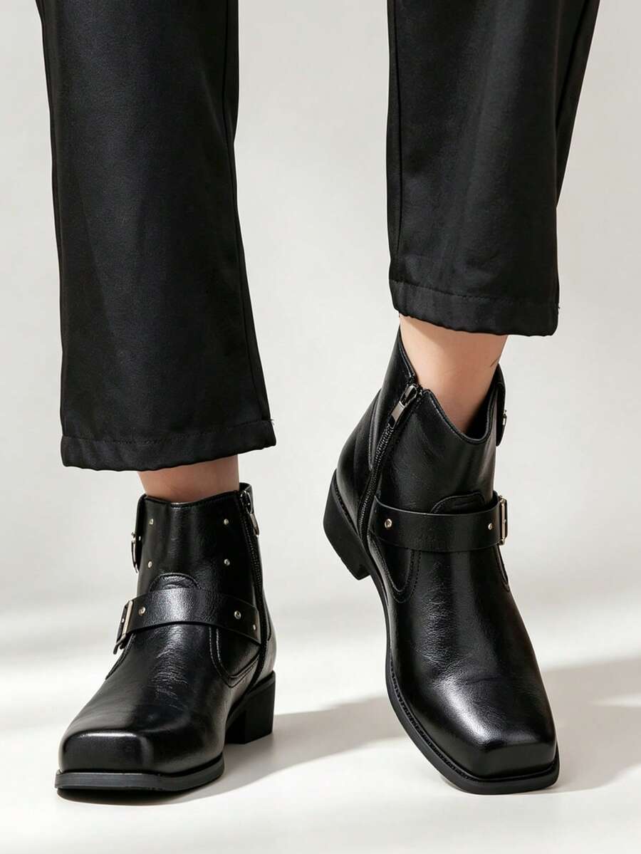 Classic Vintage Square Toe Men's Ankle Boots, Buckle Side Zipper Chunky Heel Boots, Holiday Commute Versatile Slimming Knight Boots - Black - View 1