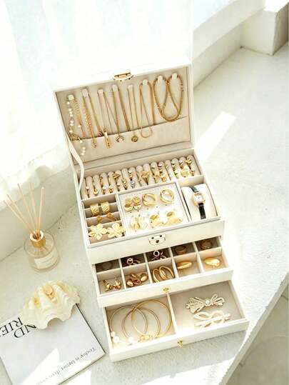 Joyero para mujer, caja de almacenamiento de joyas con tapa de vidrio y 3 cajones, puede almacenar collares, anillos, aretes, pulseras, regalo de Navidad, organizador de mujer, esencial de viaje, ayudante de almacenamiento para dormitorio