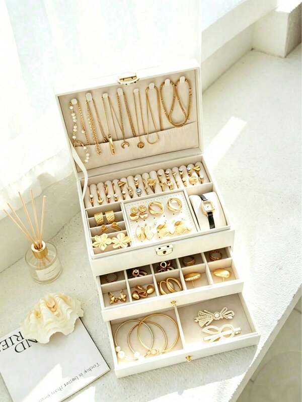Joyero para mujer, caja de almacenamiento de joyas con tapa de vidrio y 3 cajones, puede almacenar collares, anillos, aretes, pulseras, regalo de Navidad, organizador de mujer, esencial de viaje, ayudante de almacenamiento para dormitorio