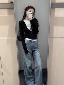 Women's American Unique Zipper Design Jacket, Korean Style Hot Girl Slimming 2 In 1 Top, Autumn - Black - View 8