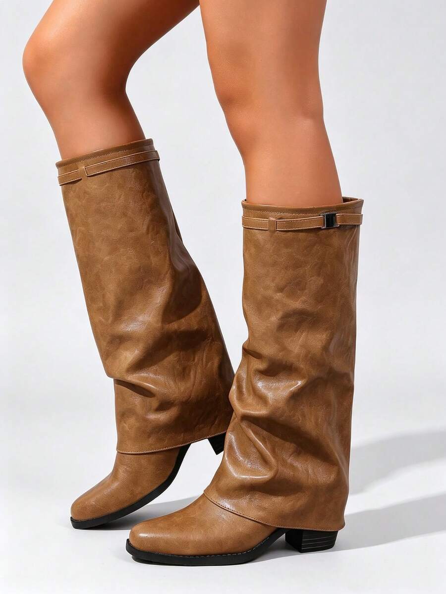 Women's Pointed Toe Chunky Heel Wedge Sexy Trousers Style Boots, Vintage Over-The-Knee Long Boots, Pair With Leggings - Brown - View 1