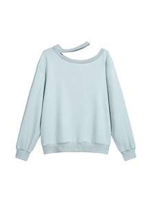 Fashion Minimalist Sky Blue Versatile Casual Design Asymmetrical Shoulder Long Sleeve Sweatshirt - Blue - View 8