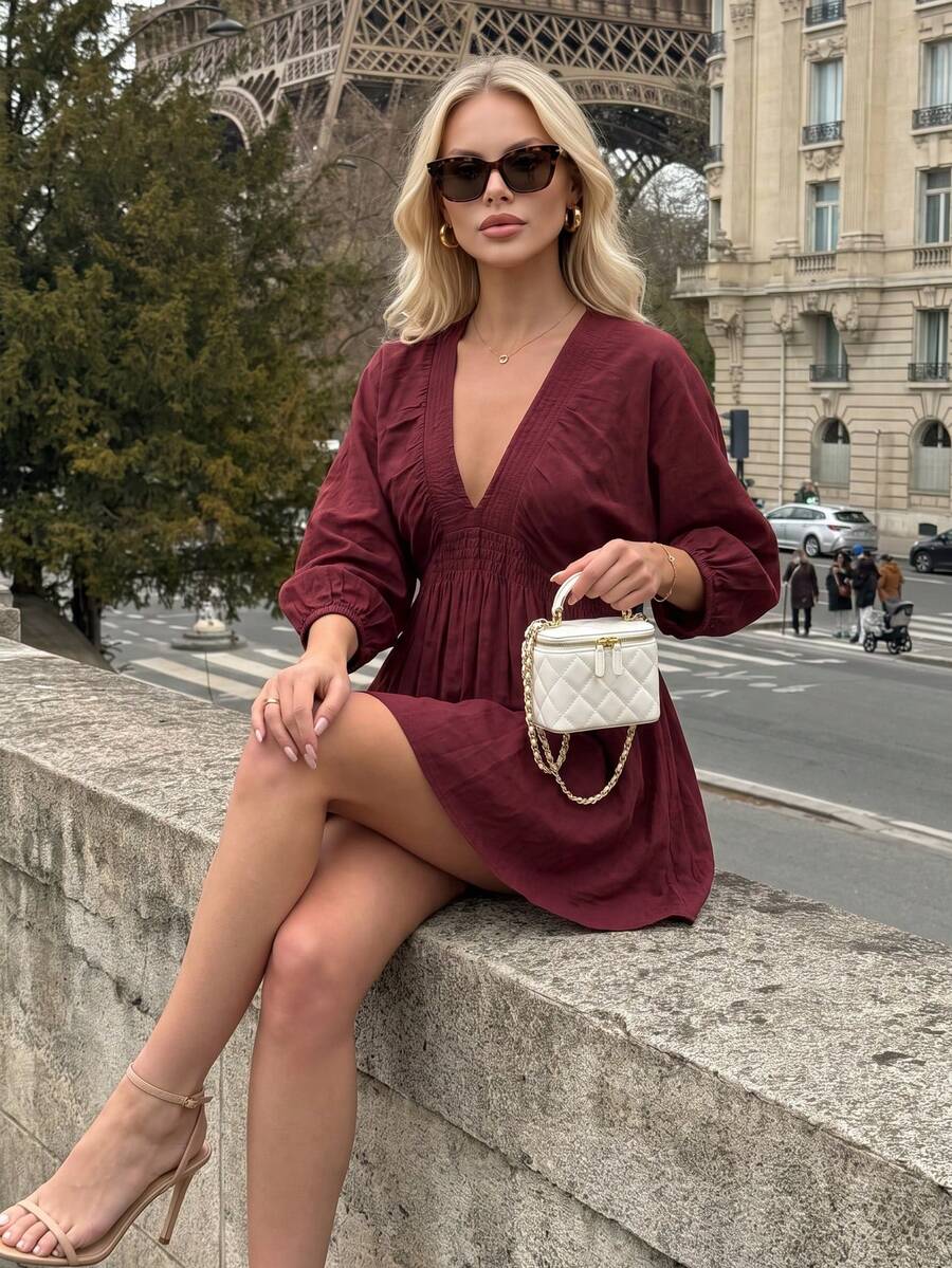 春夏秋新款優雅時尚街頭性感深V領泡泡袖修身半透明休閒短洋裝女款,輕量透氣材質,度假風波希米亞與西部與熱帶陽光洋裝 - 酒紅色 - 查看 1