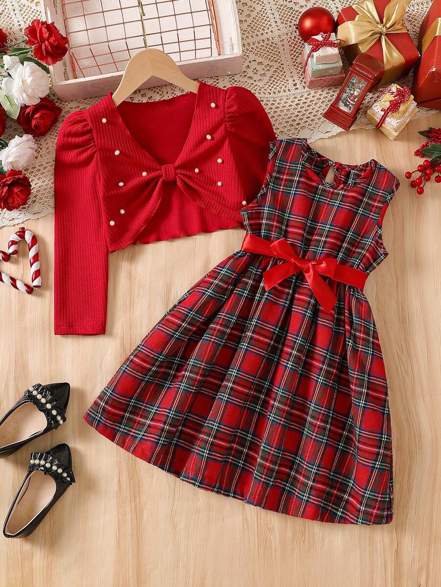 2pcs/Set Girls Red Pearl Bubble Long Sleeve Short Knit Top & Vintage Red Plaid Vest Dress Set, Waist Red Ribbon Design, Autumn/Winter Style, Suitable For Spring Festival, Christmas Party, Birthday Party, Holiday Performance And Other Occasions - Red - View 1