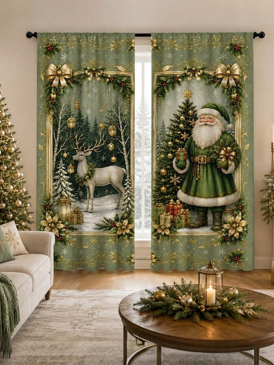 2PCS Vintage Christmas Print Curtains, Green Background Santa Claus Reindeer Christmas Tree Bow Wreath Rod Pocket Curtains, Holiday Home Decor Suitable For Living Room Bedroom Kitchen - Multicolor - View 1
