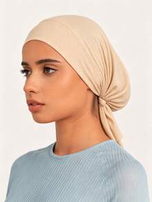 1pc Women's Solid Color Elastic Band Beanie Hat Adjustable Scarf Cap - A-beige (Upgraded Version) - View 4