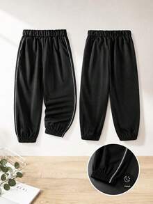 Young Boy Casual Minimalist Versatile Preppy Style Black Long Pants With Diagonal Pockets, Suitable For Vacation, Travel, Sports, School And Daily Wear - Black - View 2
