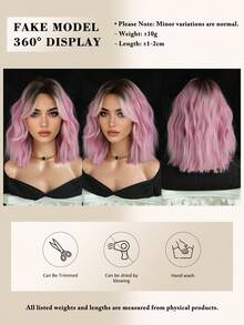 14inch Short Wave Pink Ombre-Dark Roots Wigs For Women,Elegant Wavy Bob Wigs With Curtain Bangs,High Quality Soft Synthetic Fiber Wigs For Girls Daily Wear, Family Party Use, Fashion Wig Accessories - 漸層粉紅色 - 查看 5