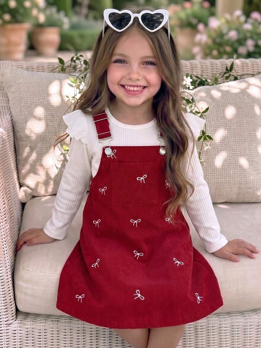Girls Valentine's Day Solid Ribbed Ruffle Trim Long Sleeve Top + Bow Embroidered Corduroy Suspender Skirt - Red - View 1