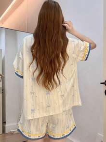 2pcs/Set Women's Summer New Cute Short Sleeve Shorts Pajamas Set, Loose Fit Skin-Friendly Breathable Home Wear, Cartoon Cute Sleepwear Set - Apricot - View 2