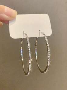 2pcs Silver Sparkling Circles-shaped Exaggerated Earrings For Women, Fashionable With Full Rhinestones - Silver - View 8