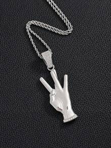 Victory Hand Gesture Rhinestone Pendant Cuban Necklace, Personalized Palm Charm, American Hip-Hop Street Style Gold/Silver Color Couple Matching Accessory - Gesture Pendant Necklace - View 17