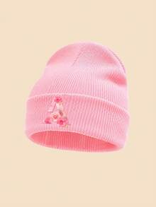 1 Peça Gorro de Tricô Rosa Infantil, Estampa Floral de Letras A-Z, Chapéu Quente de Outono/Inverno, Macio e Confortável com Punho Dobrado, Adequado para Uso Diário, Pode Ser Usado como Presente - Rosa chiclete - Visão 16