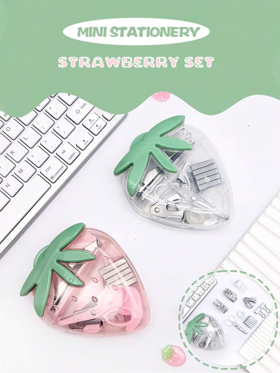 1 Set Stapler Mini Kotak Stroberi, Set Alat Tulis Kantor Multifungsi Portabel, Cocok Untuk Mengatur Kertas Ujian, Hari Pertama Sekolah - MultiWarna - View 1