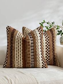 1pc/2pcs Brown (Insert Not Included) Multicolor Striped Pillow Case, Bohemian Farmhouse Chenille Cushion Cover, Pillowcase Lumbar Pillow Cover, Neutral Tone Pillowcase Suitable For Sofa, Bed, Bedroom, Dining Room, Party, Decoration, Spring, Autumn, Winter - Coffee Brown - View 10