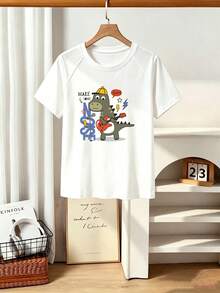 2pcs Kids DTG Rock Dinosaur Guitar Print Outfit, Raglan Short‑Sleeve Tee & Side Stripe Pink Wide Leg Pants Set - White - View 2