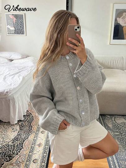 VIBEWAVE Grey Knit Cardigan Women's Loose Drop Shoulder Single-Breasted Round Neck Casual Lazy Style Minimalist Home Leisure Daily Outerwear Sweater