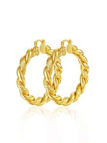 1pc European & American Style Thick Twisted Rope Hoop Earrings, Copper Plated Gold Hollow Lightweight Clip-On Ear Rings, Premium Versatile Commute & Vacation Earrings For Women, 3 Sizes Available - Gold - View 9
