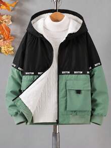 Boys' Autumn/Winter Casual Fashion Letter Print Webbing Patchwork Thermal Lined Long Sleeve Hooded Jacket - Black - View 4