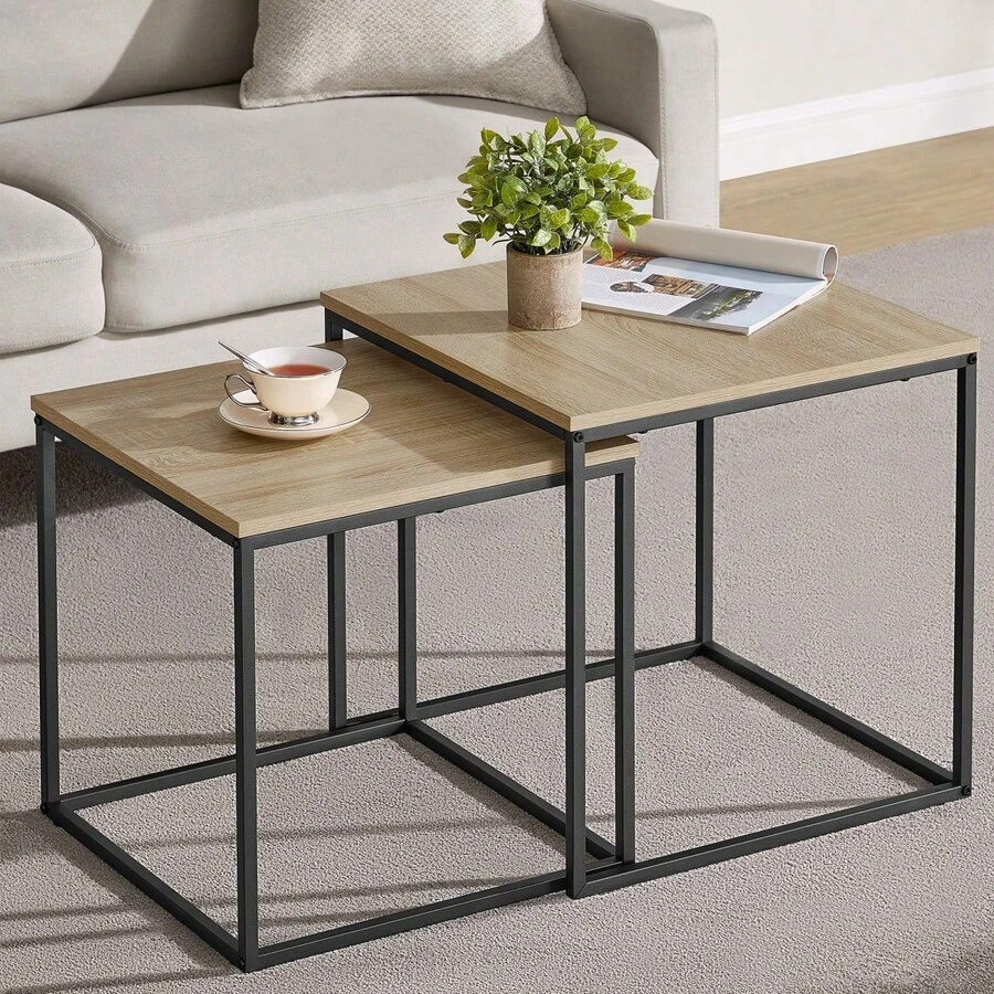 Aseto Set Of 2 Rectangular Coffee Tables Nesting Side End Table Wood Large & Small Nightstand Bedside Board Unit Desk Furniture Decor Living Room Bedroom Home Office Apartment Center Tea Tray Stackable Dual Countertop Multi Color - Sonoma Oak - View 1