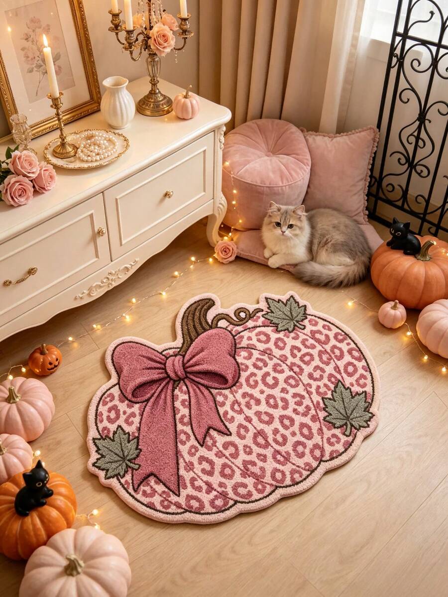 1pc Pink Bow Pink Leopard Print Pumpkin Shaped Rug, Halloween Style, Halloween, Outdoor Doormat, Kitchen Rug, Home Decor, Area Rug, Garden Rug, Washable Rug - Pink - View 1