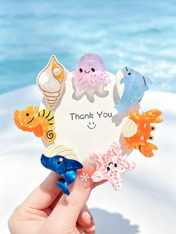 8pcs Random Color Combination Set Fun Marine Creature Series Small Hair Claw Clips Cute Starfish Jellyfish Sweet Cool Hair Claw Suitable For Daily Wear Vacation Travel