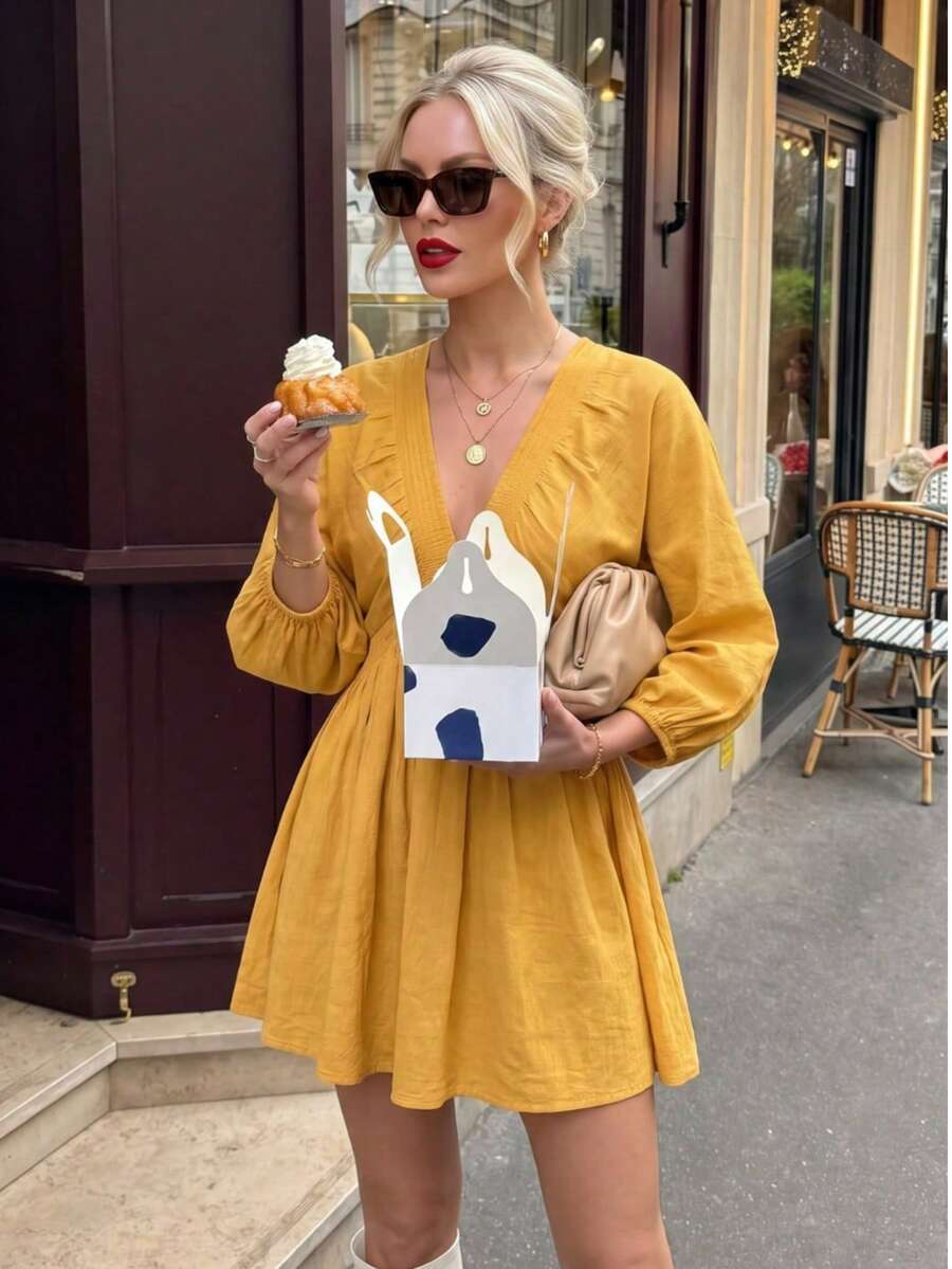 春夏秋新款優雅時尚街頭性感深V領泡泡袖修身半透視休閒短洋裝,輕盈透氣度假風波希米亞西式熱帶陽光洋裝 - 黃色 - 查看 1