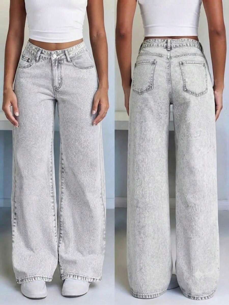 Straight Leg Loose Casual Jeans With Pockets, Versatile For Teens - Light Grey - View 1