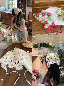 1pc French Vintage Handmade Knitted Triangle Scarf,Women's Summer Travel And Photo Props,Cute Floral Headband For Sun Protection - Multicolor - View 12