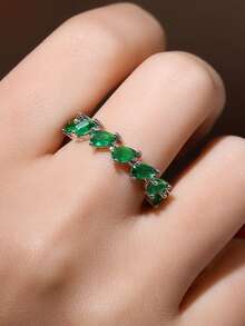 1pc Elegant Versatile Personalized Ring With Green Cubic Zirconia, Luxury High-End Elegant, Suitable For Women's Daily Wear, Party, Holiday Gift - Silver - View 3