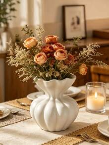 1pc Small White Ruffle Resin Vase, Modern Striped Pumpkin Shaped Dried Flower Holder, Bohemian Farmhouse Style Tabletop Decor, Suitable For Living Room, Bedroom, Entryway, Wedding Centerpiece And Housewarming Gift - Multiple Styles - View 2
