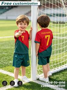 2pcs/Set Boys Soccer Uniform, Personalized Name/Club Customization, 7# Print Red Football Jersey, Short Sleeve & Shorts Set, Sports Player Style, Suitable For Boys & Girls, Sports, Cycling, Outdoor Running, Football, Star Player Style - Red - View 5
