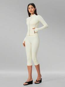 MFVIM Women's Versatile Yoga Set, Soft Skin-Friendly Fitted Jacket + Butt-Lifting Slimming Capris Leggings Riding Pants - Creamy White - View 7