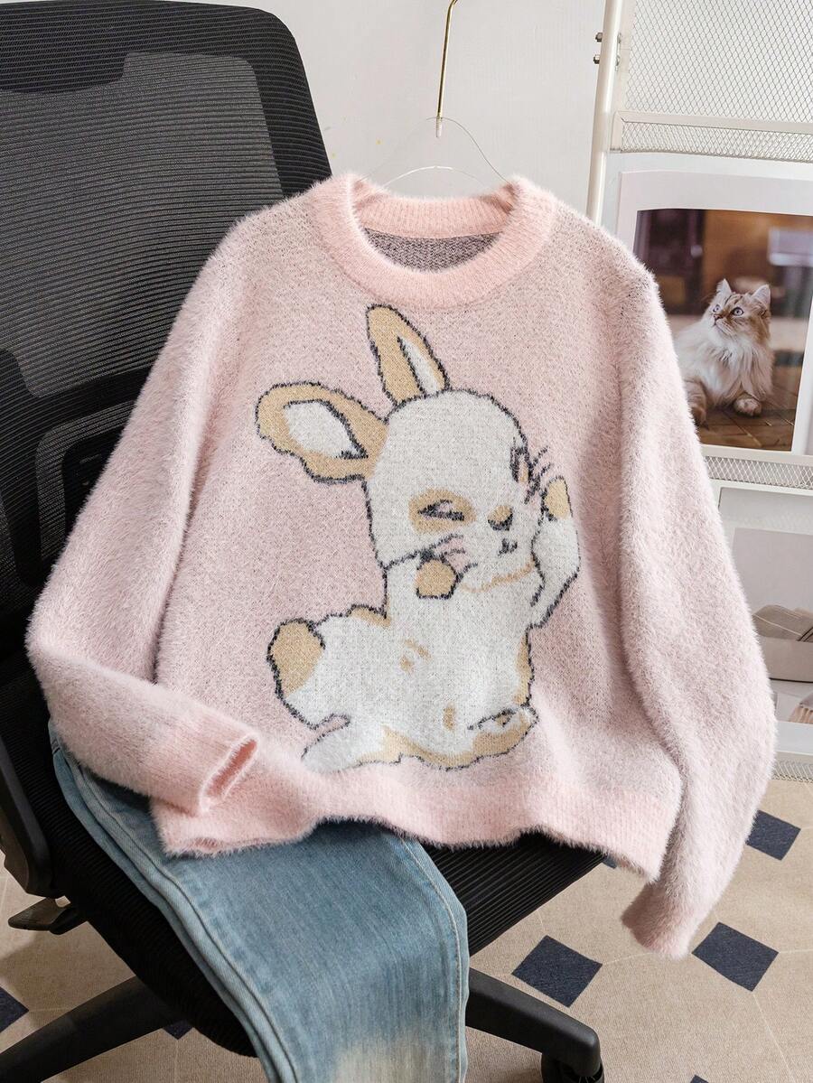 Girls' Sweet & Cute Round Neck Long Sleeve Sweater, Rabbit Jacquard Faux Mink Fur Pullover, Casual Versatile Knit Top For Daily Wear, School, Spring, Autumn, Winter - Pink - View 1