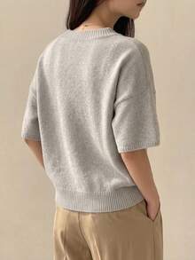 Light Gray Round Neck Short Sleeve Knit Sweater For Women, Loose Drop Shoulder Soft Short Sweater, Spring Summer Versatile Layering All-Match Inner Top - Light Grey - View 5